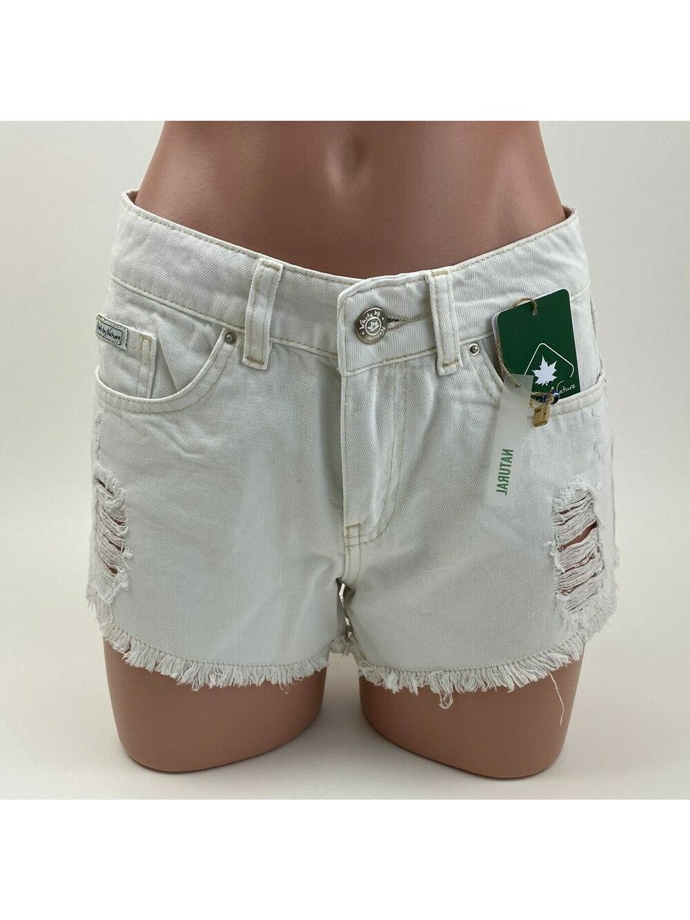 White by Nature Cotton 5 Pocket Mid Rise Raw Hem Ripped Denim Short White S NWT